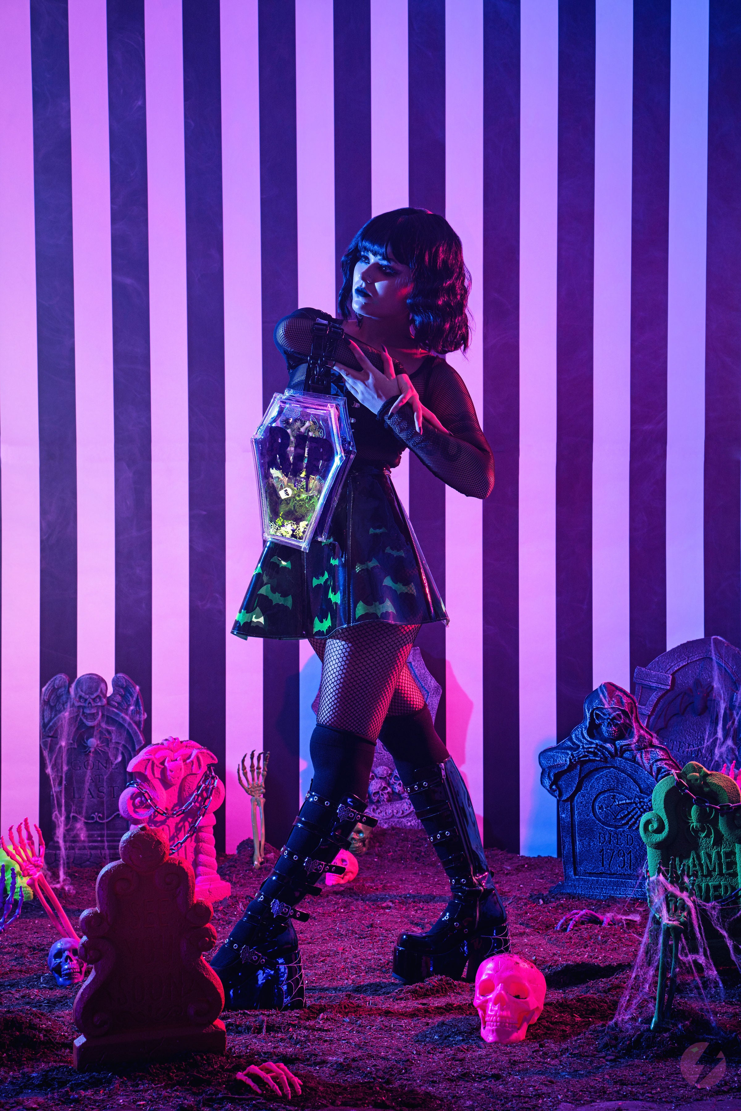 Liquid Glitter Coffin 2 in 1 Backpack/ Crossbody Bag - Night of Terror - Electric Bubblegum