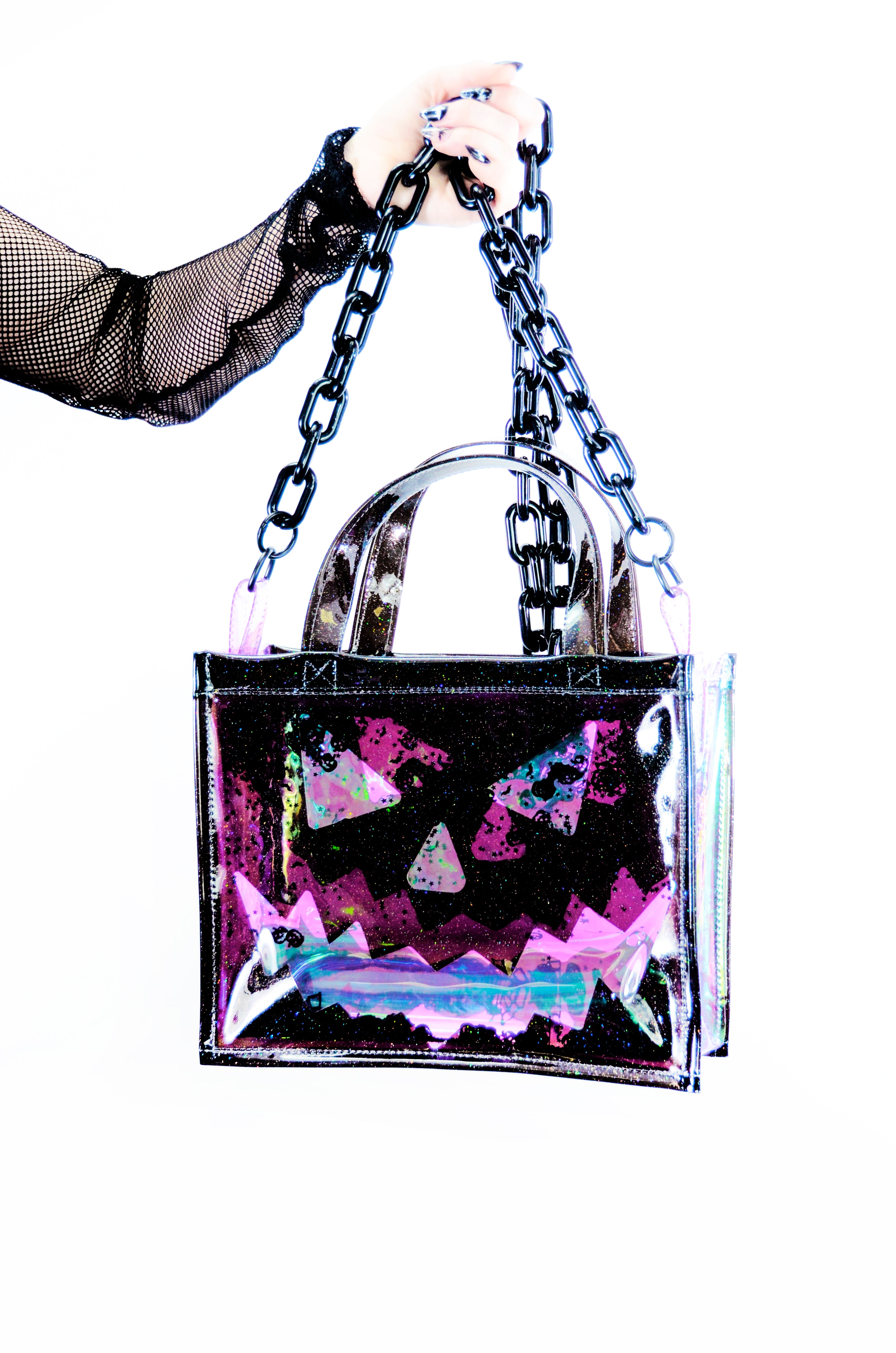 Liquid Glitter Medium Square Tote - Pumpkin Head - Electric Bubblegum