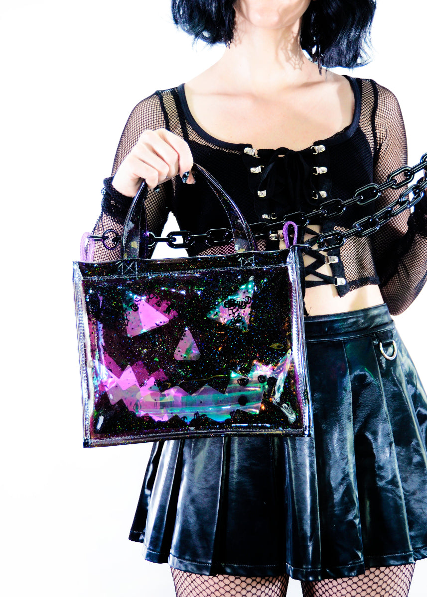 Liquid Glitter Medium Square Tote - Pumpkin Head - Electric Bubblegum