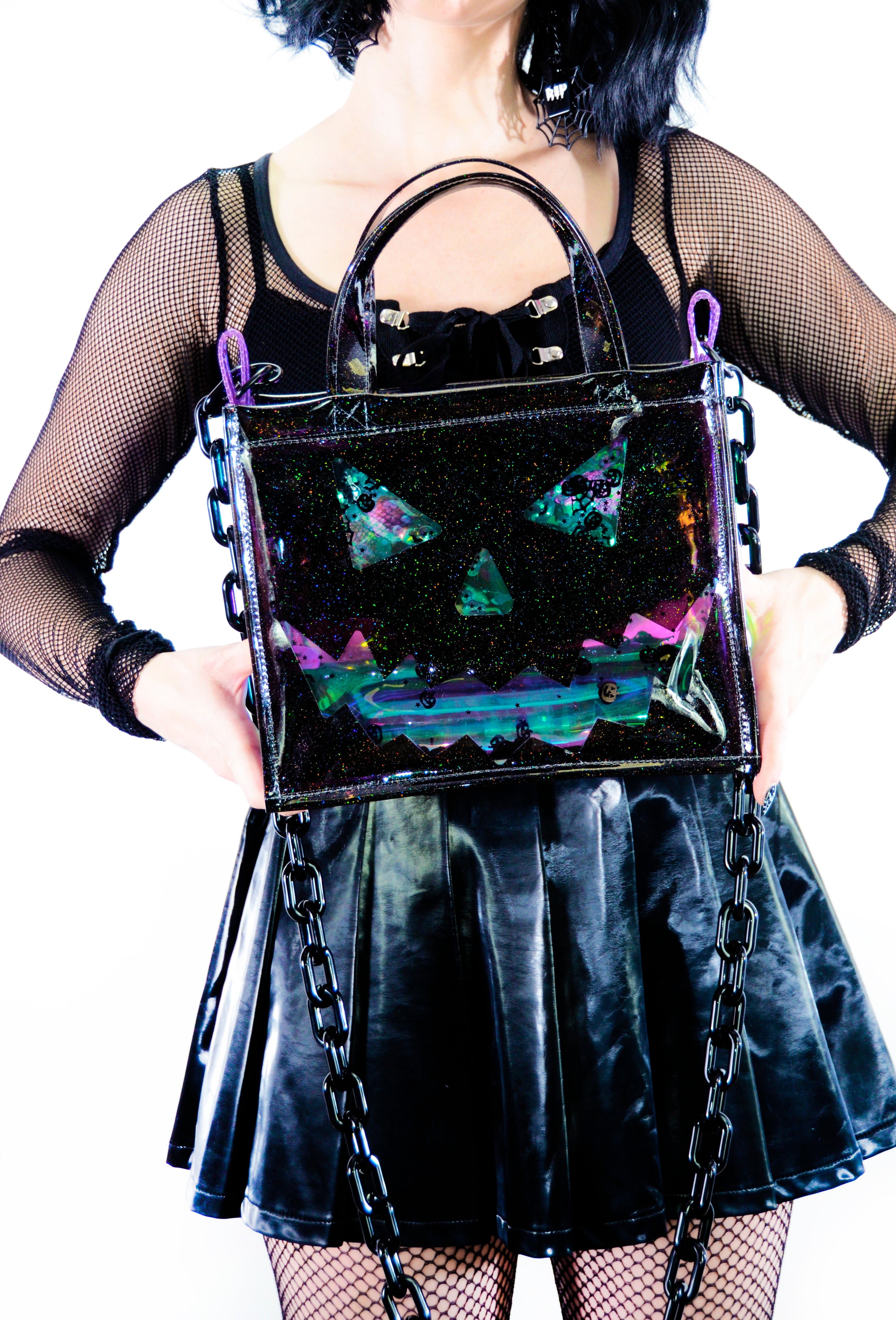 Liquid Glitter Medium Square Tote - Pumpkin Head - Electric Bubblegum