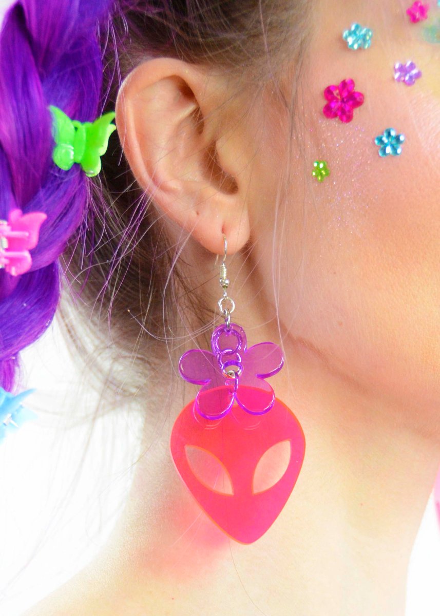 Rave Babe Alien Head Earrings - Electric Bubblegum