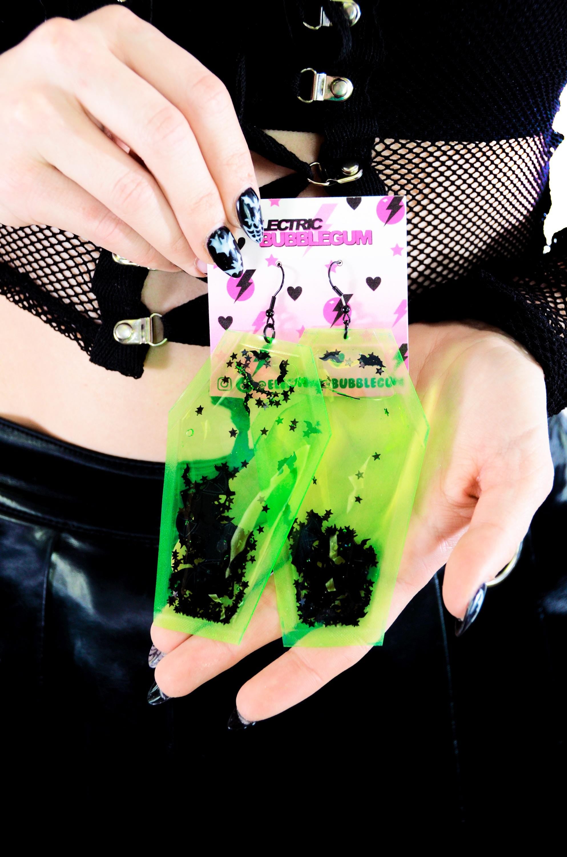 Liquid Glitter Coffin Earrings - Toxic Terror - Electric Bubblegum