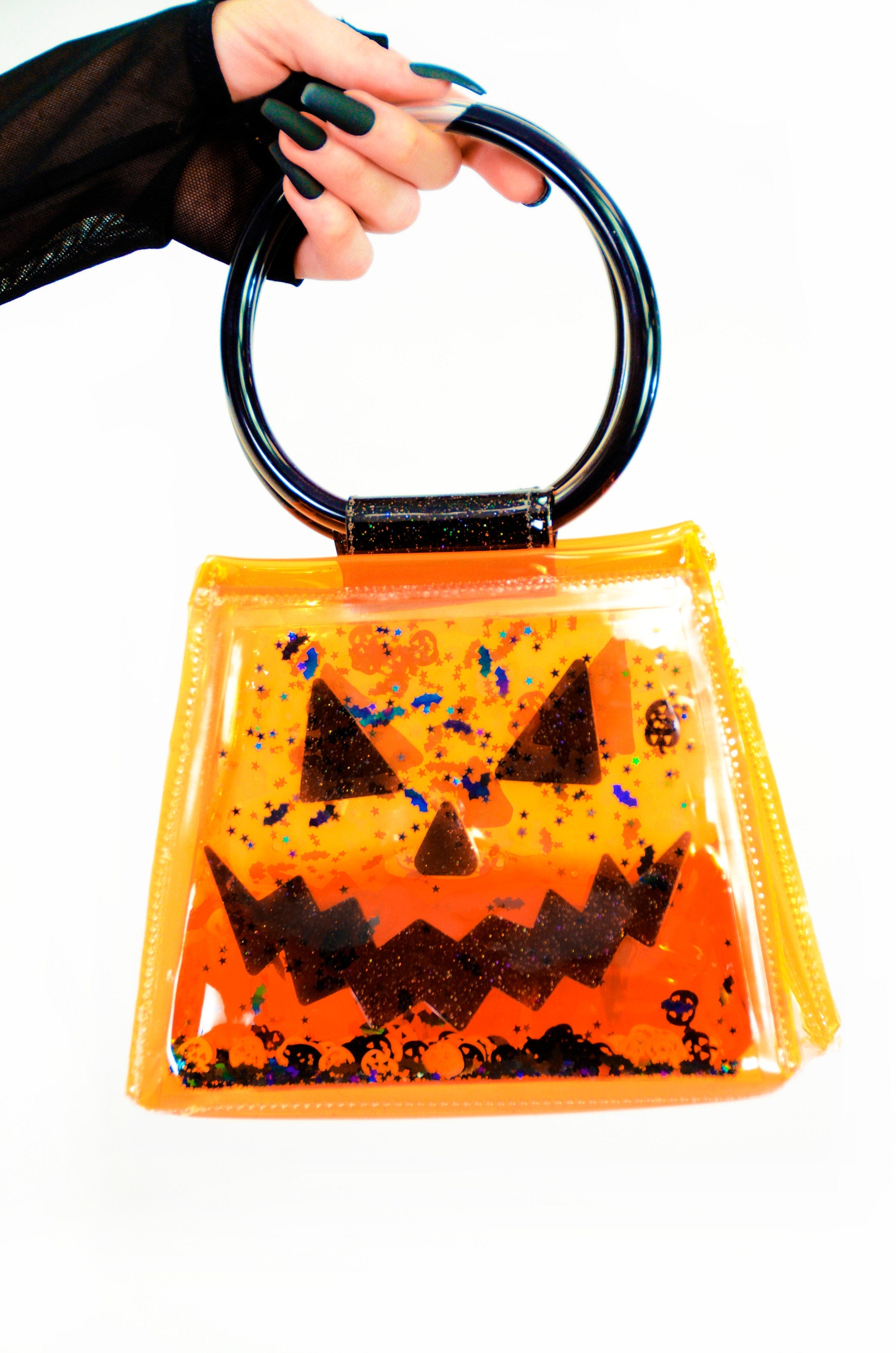 Liquid Glitter Ring Handle Mini Purse - Pumpkin Head - Electric Bubblegum