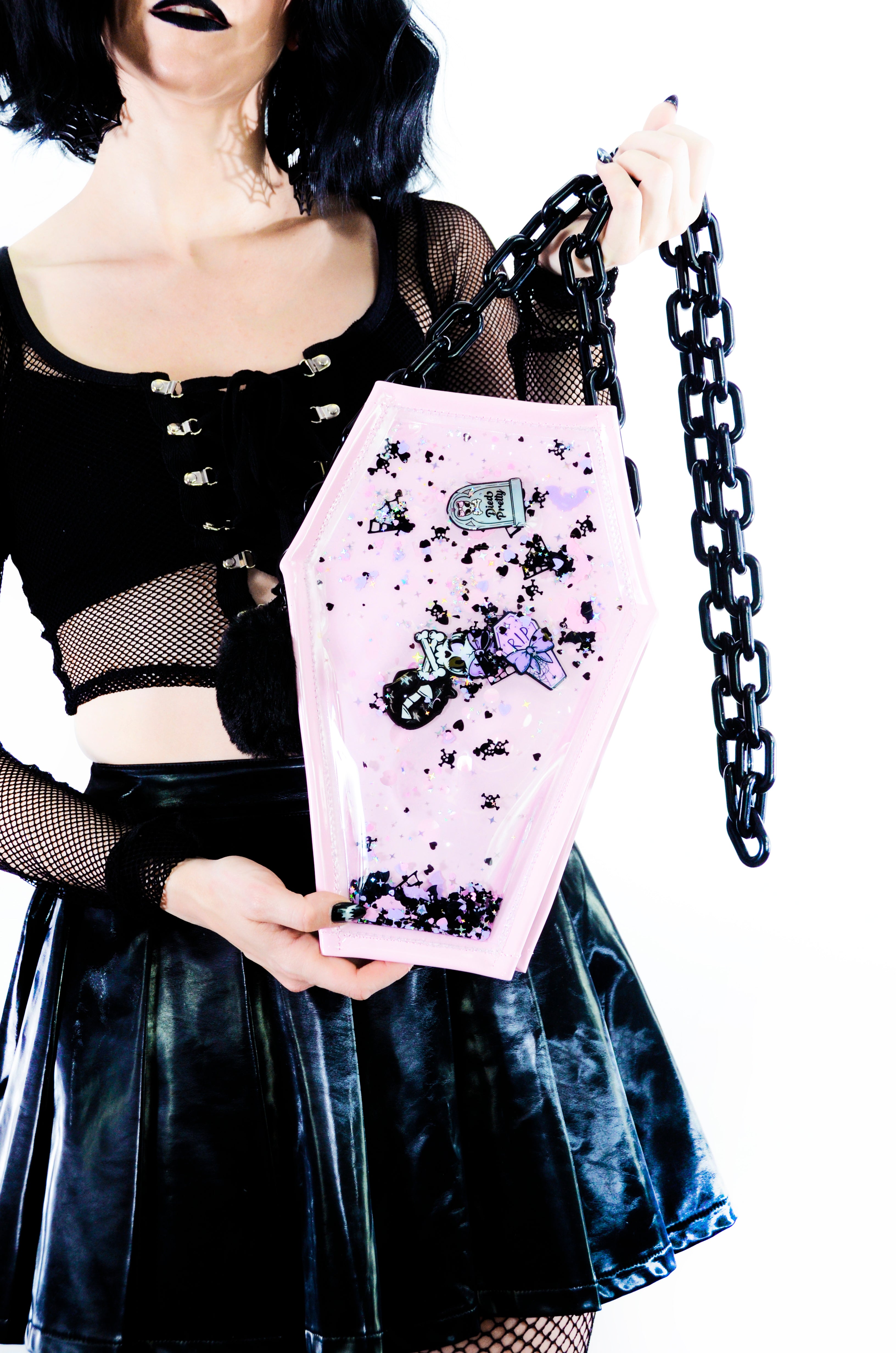 Liquid Glitter 2 in 1 Backpack/ Crossbody Purse - Coffin - Died Pretty - Electric Bubblegum