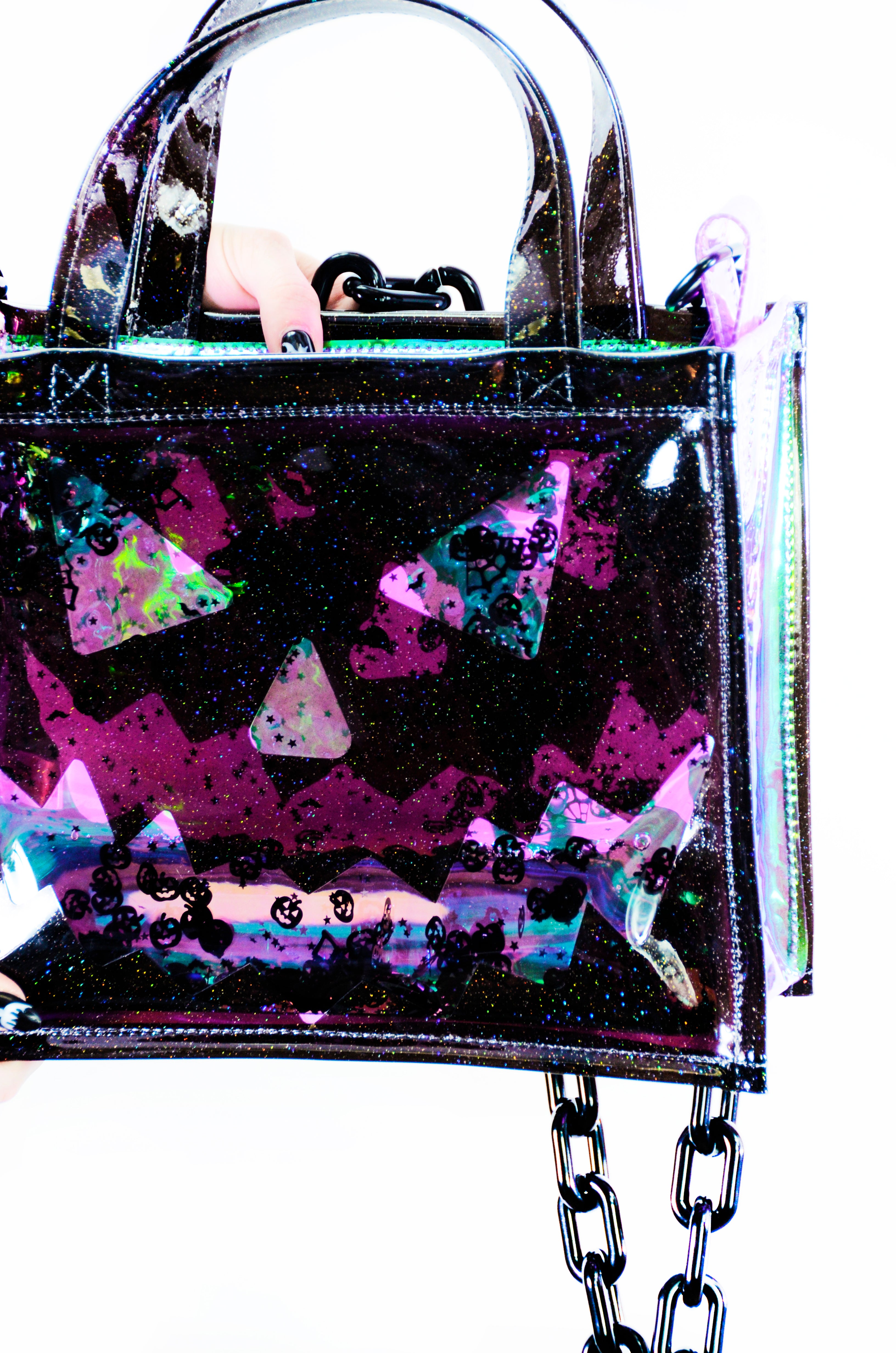 Liquid Glitter Medium Square Tote - Pumpkin Head - Electric Bubblegum