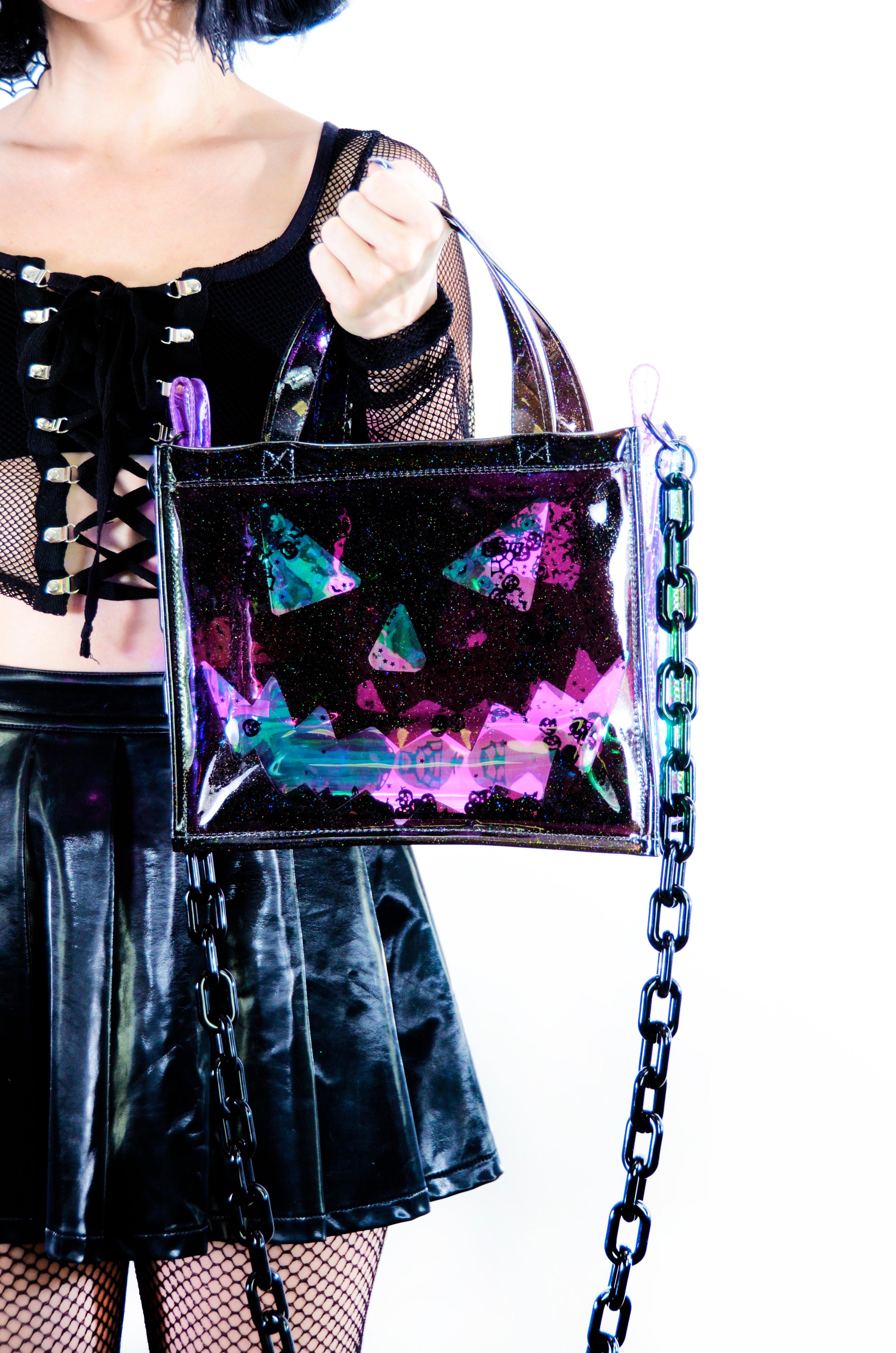 Liquid Glitter Medium Square Tote - Pumpkin Head - Electric Bubblegum