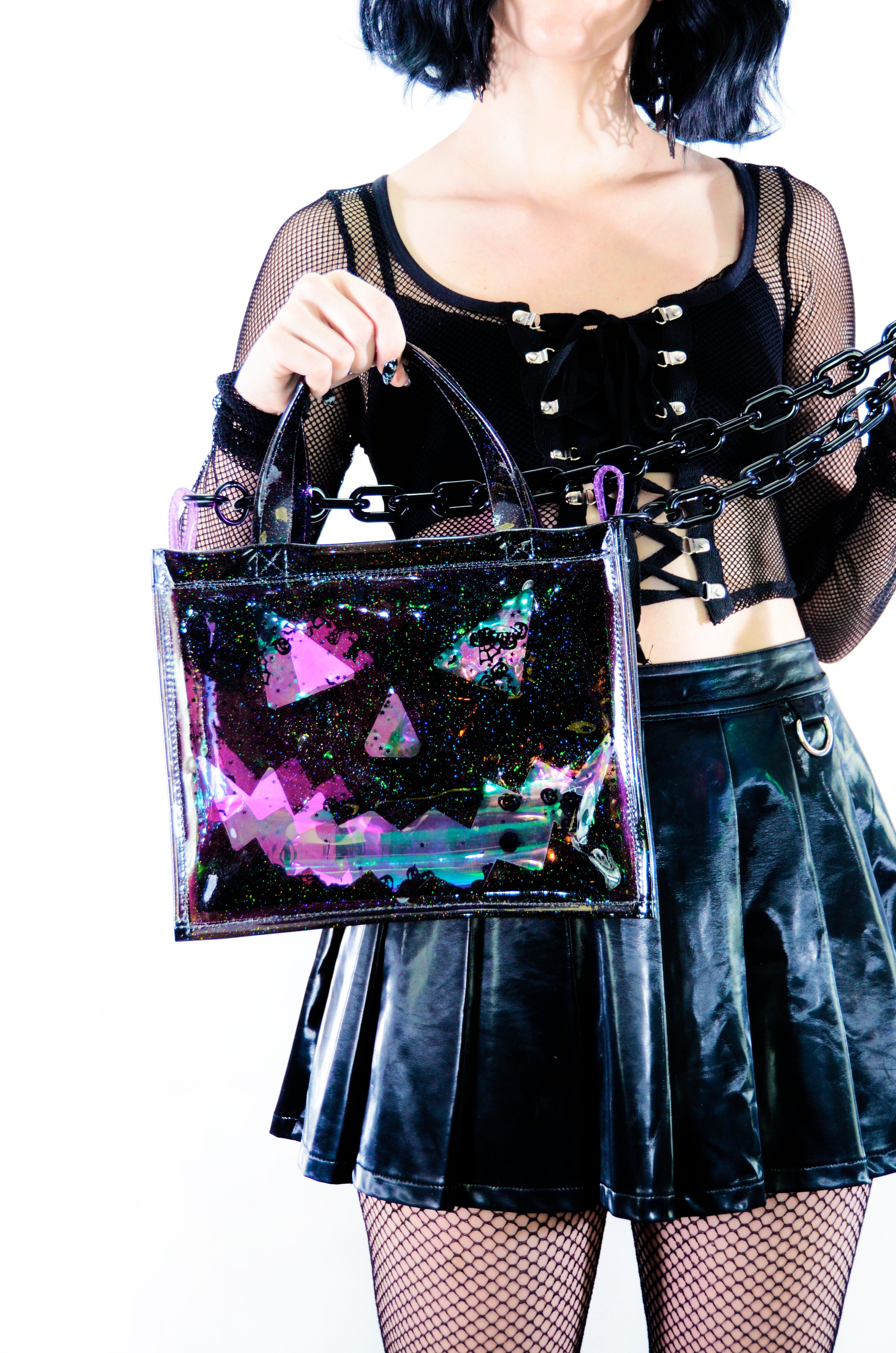 Liquid Glitter Medium Square Tote - Pumpkin Head - Electric Bubblegum