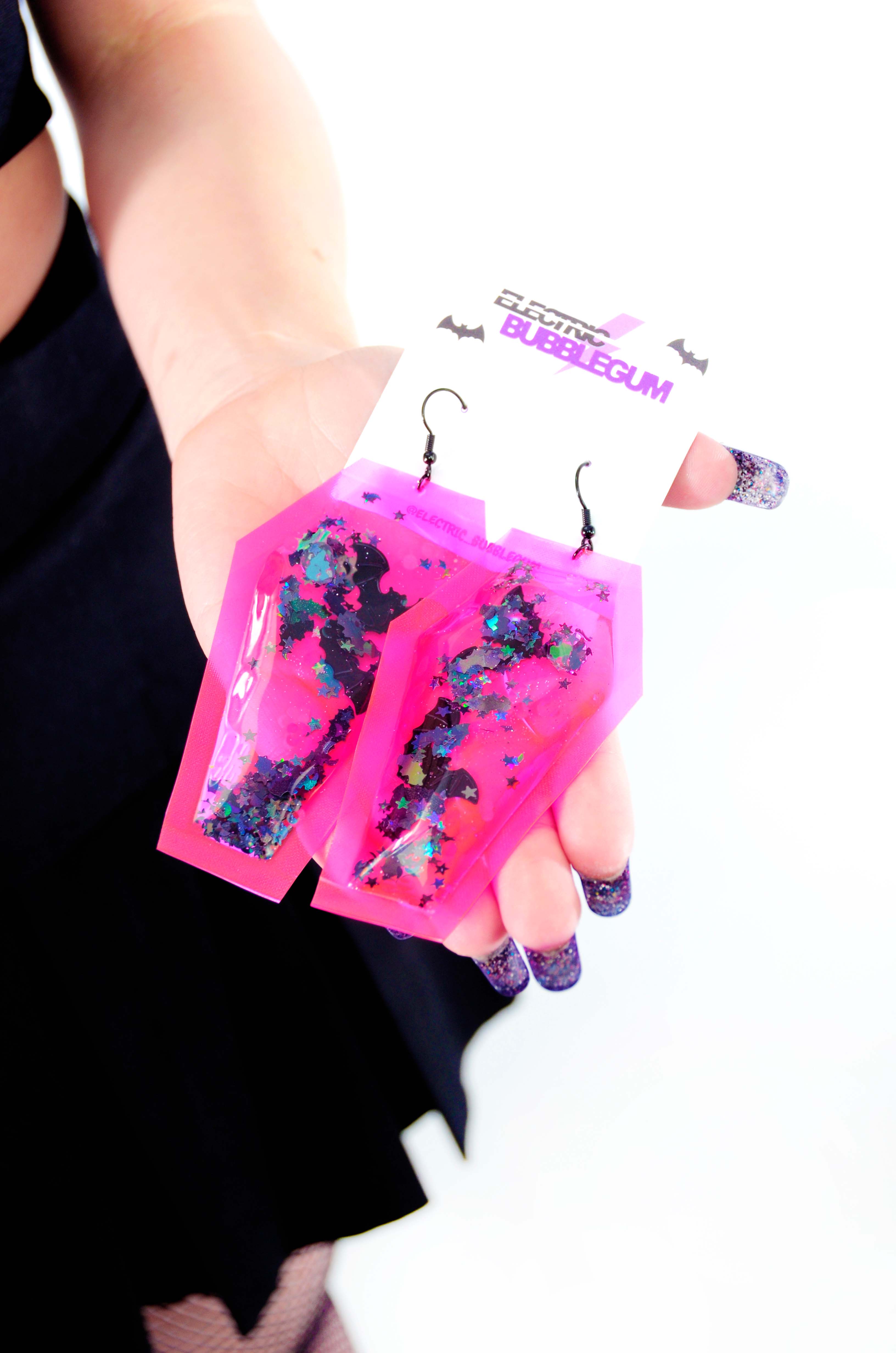 Liquid Glitter Coffin Earrings - Night of Fright - Electric Bubblegum