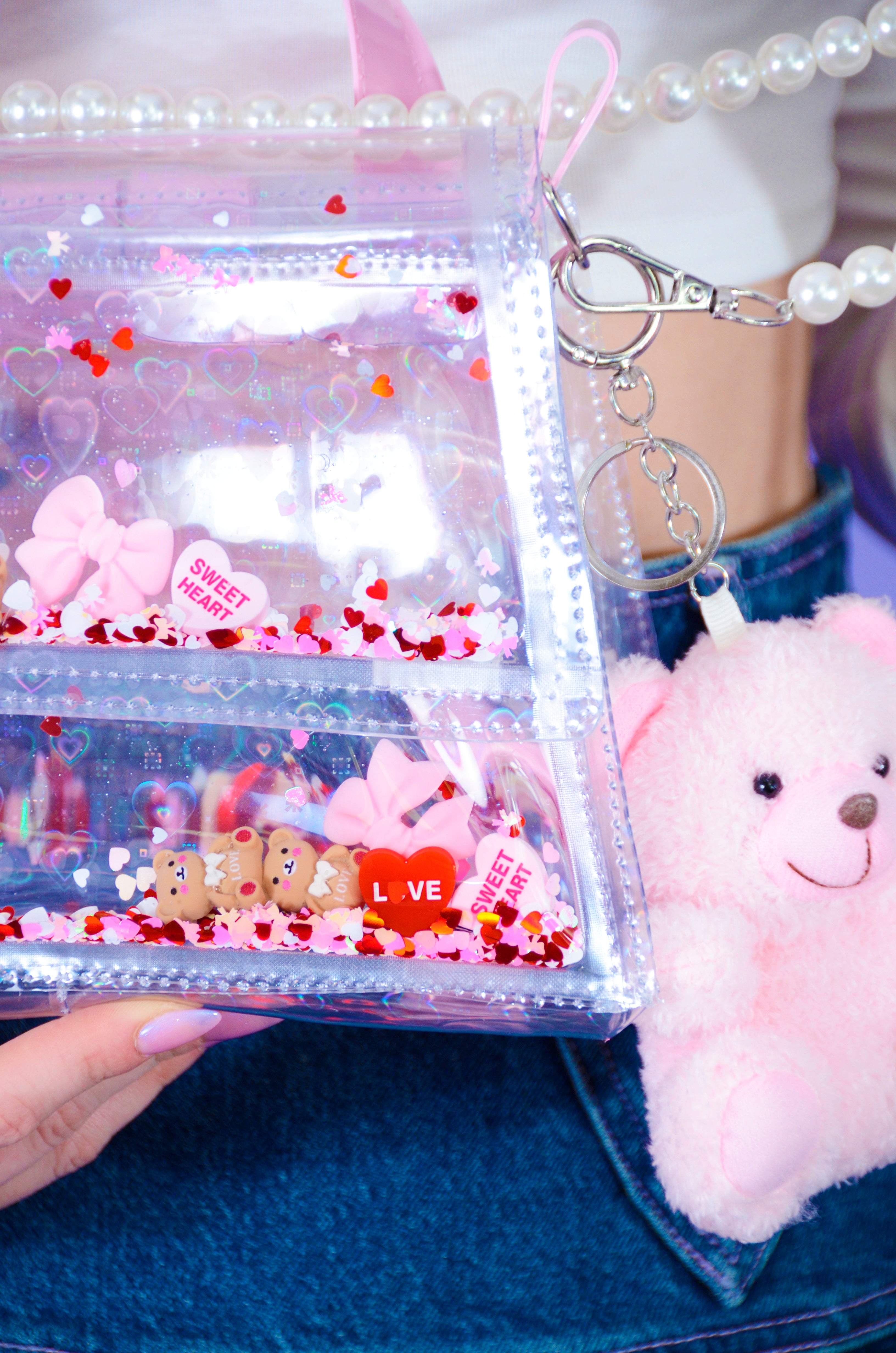 Liquid Glitter Medium Doll Backpack/ Crossbody Purse  - Teddy Bear Kisses