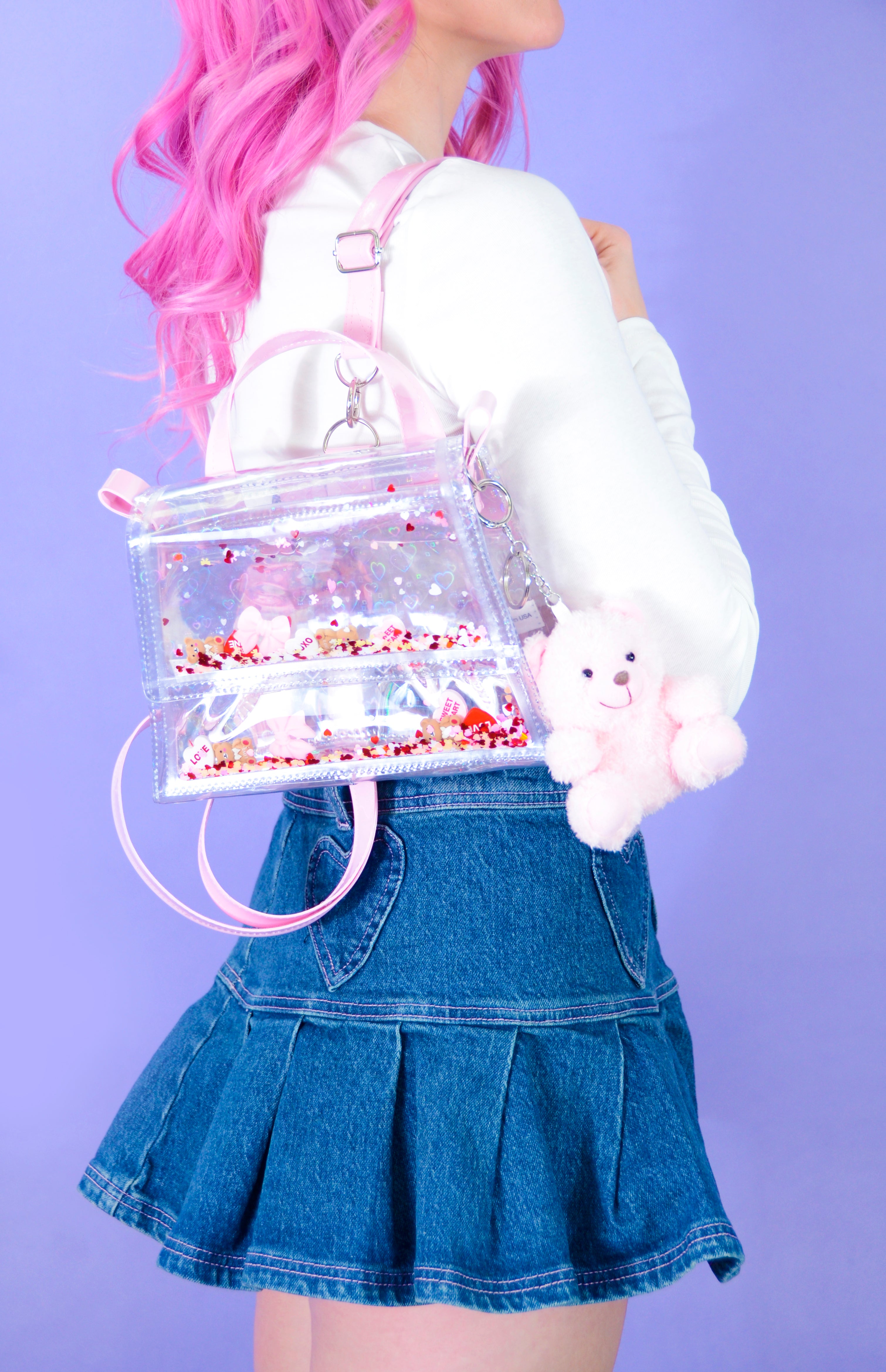 Liquid Glitter Medium Doll Backpack/ Crossbody Purse  - Teddy Bear Kisses