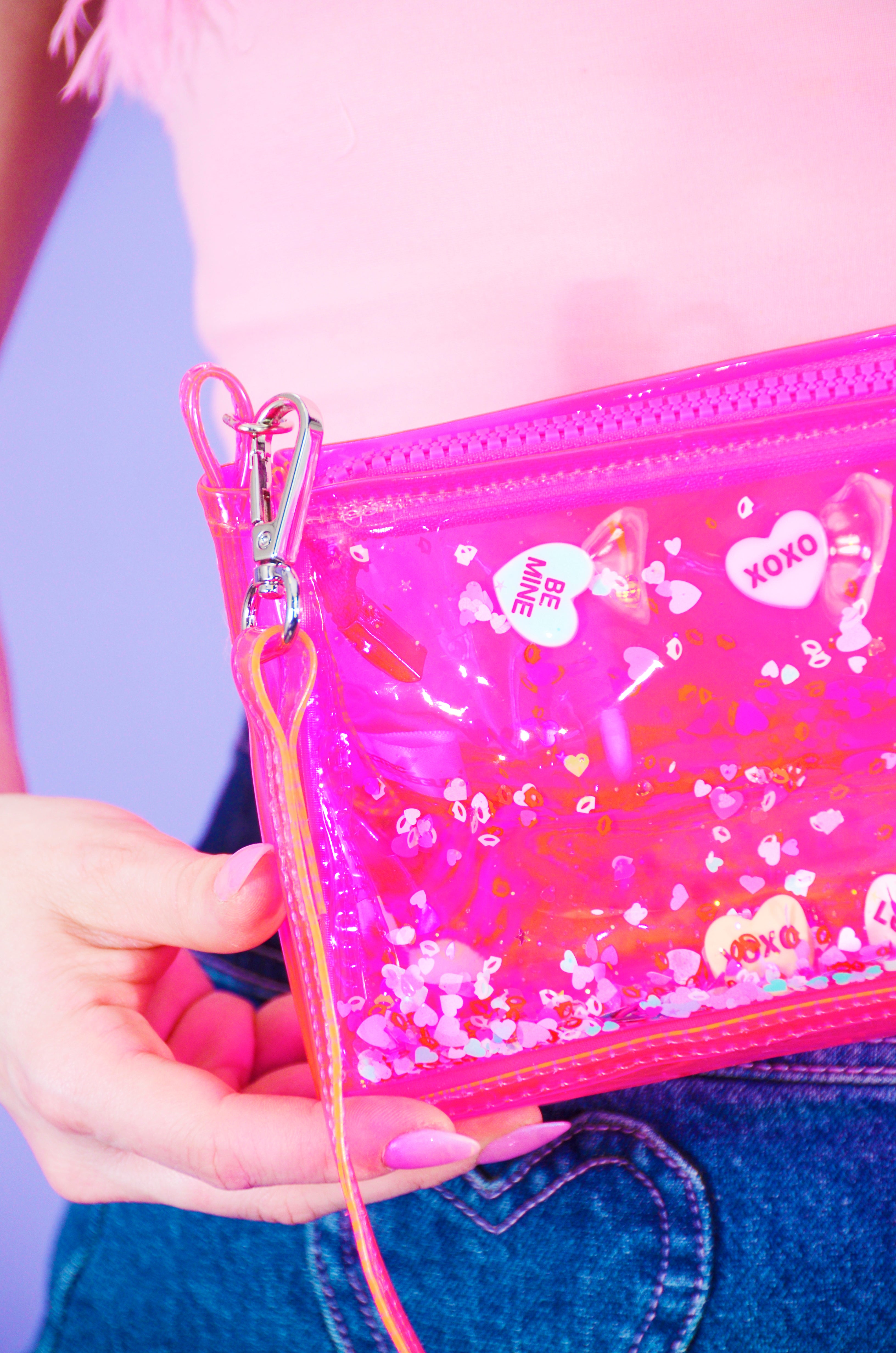 Liquid Glitter Mini Zip Purse - Be My Valentine - Electric Bubblegum