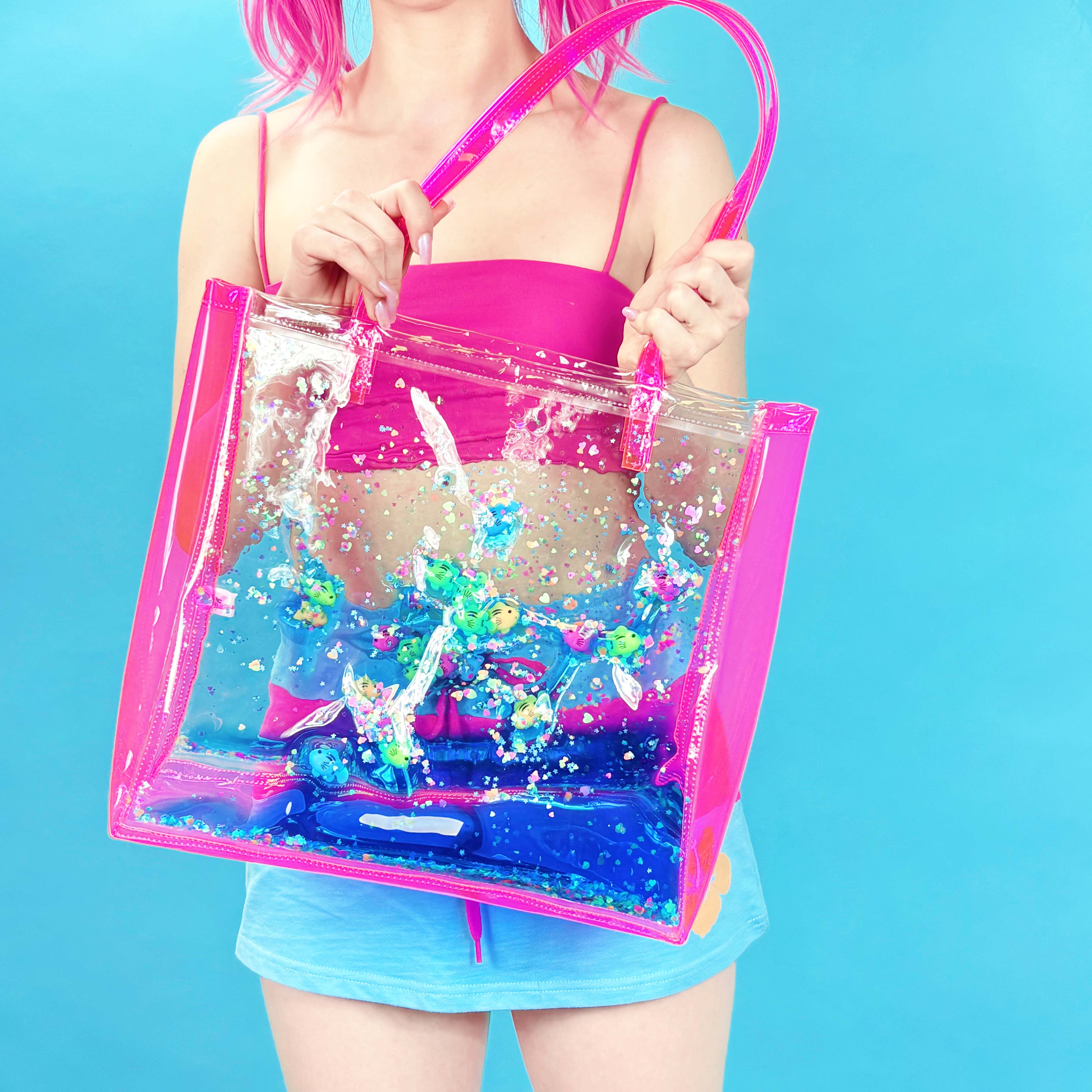Liquid Glitter Bucket Tote - Just Keep Swimming - Electric Bubblegum