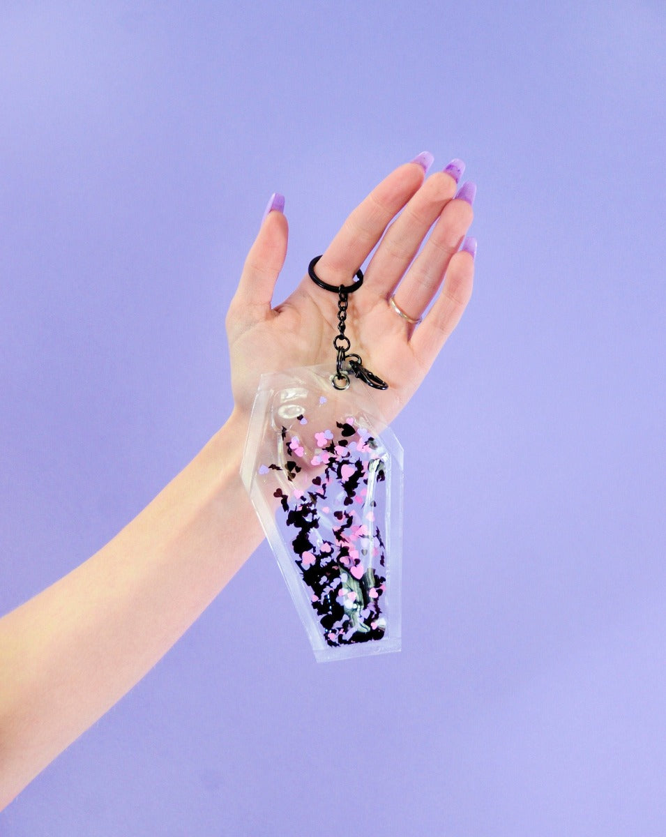 Liquid Glitter Coffin Keychain - Haunted Hearts - Electric Bubblegum