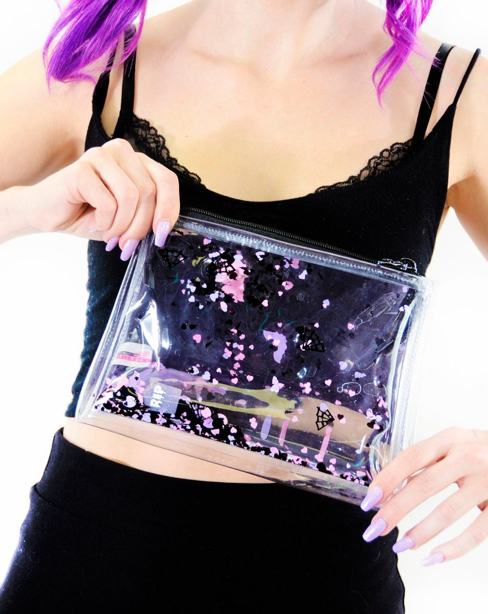 Liquid Glitter Makeup Bag - Haunted Hearts - Electric Bubblegum