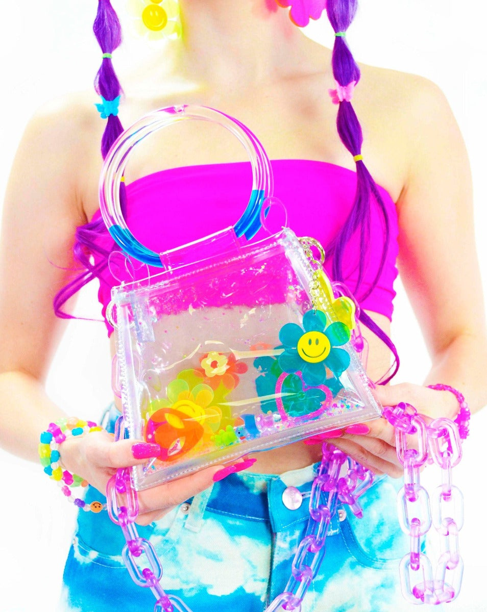 Liquid Glitter Mini Ring Handle Purse - Rainbow Rave - Electric Bubblegum