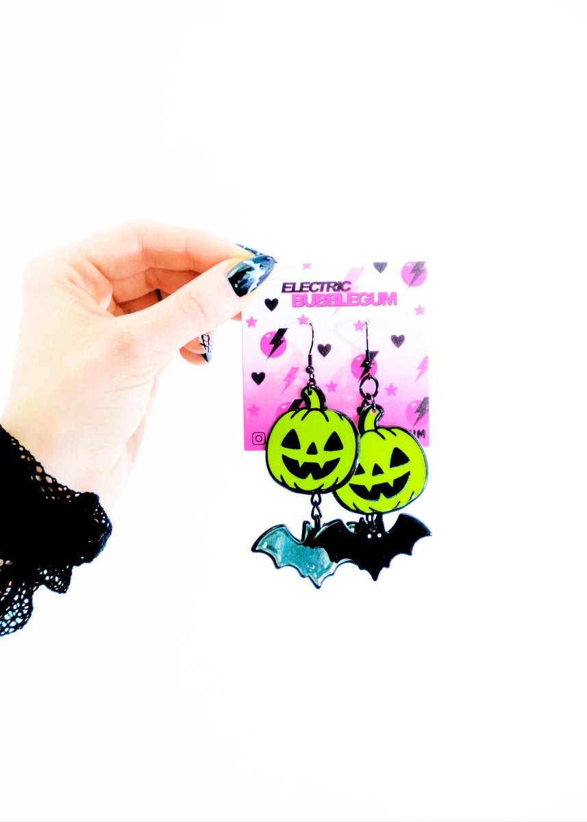 Neon Nightmares Jack O Lantern Earrings - Electric Bubblegum