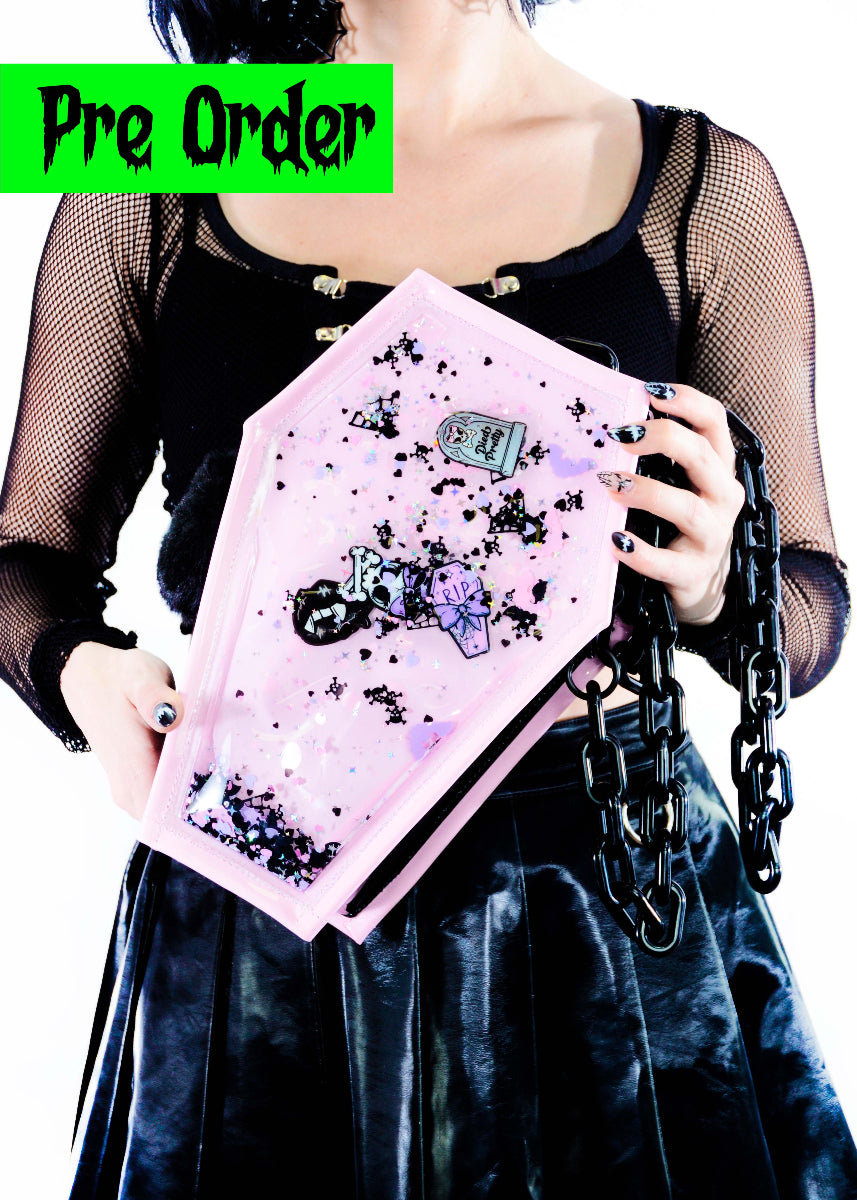Liquid Glitter 2 in 1 Backpack/ Crossbody Purse - Coffin - Died Pretty - Electric Bubblegum