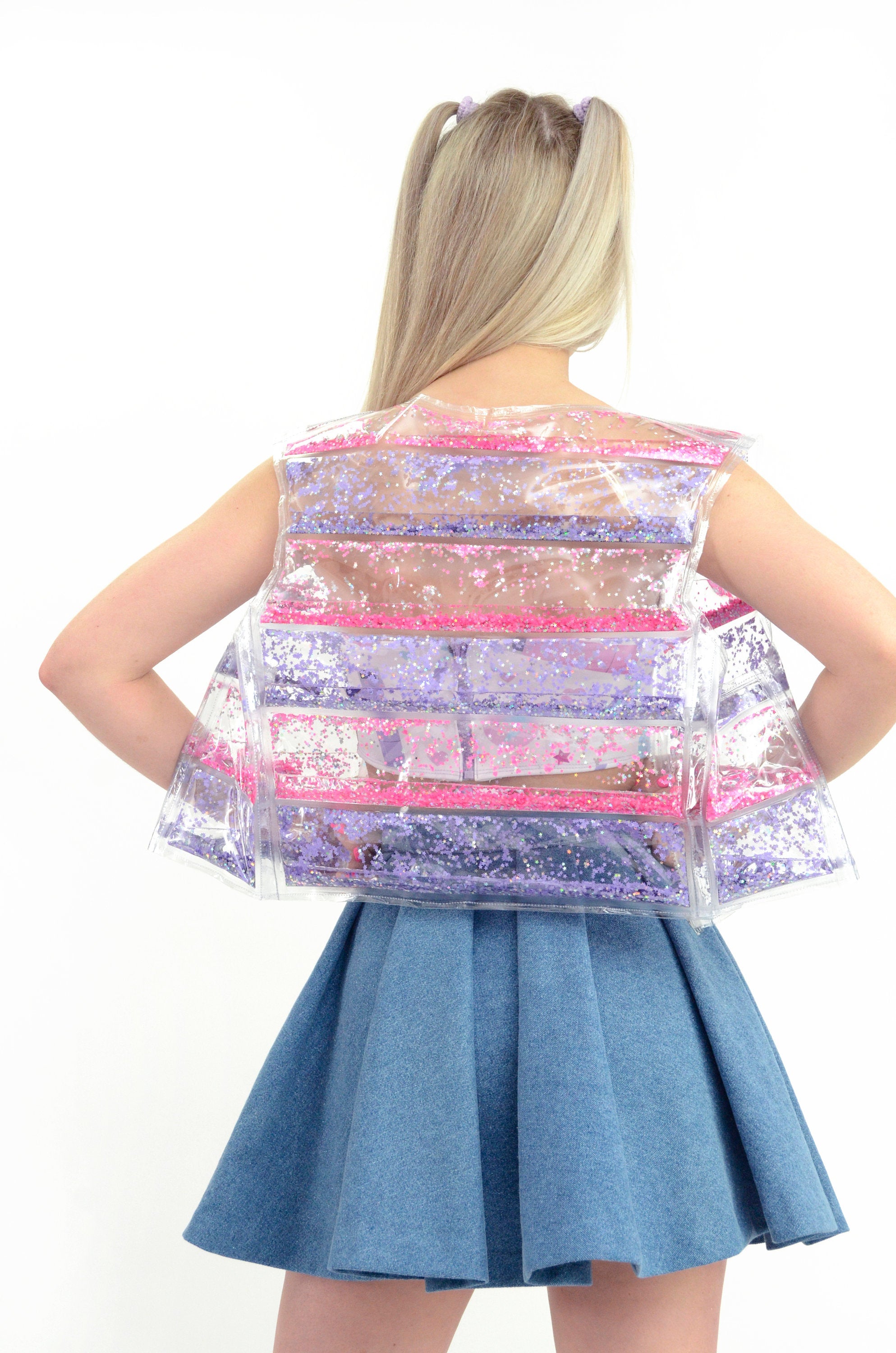 Liquid Glitter Puffer Vest - Atomic Pink/Purple - Holographic Vest - Transparent Vest