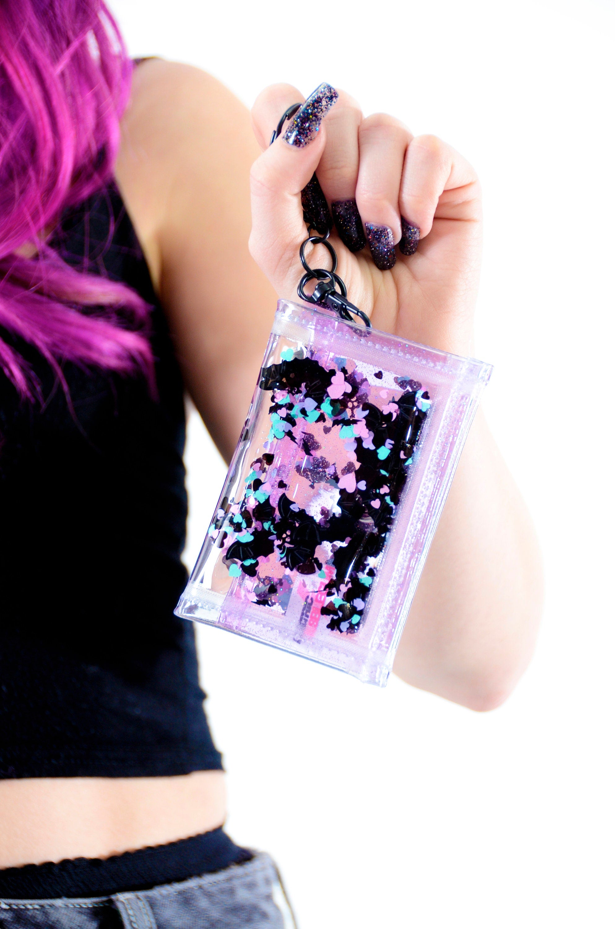 Liquid Glitter Tiny Wallet - Nocturnal Hearts - Clear - Electric Bubblegum