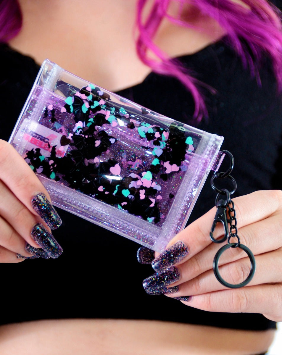 Liquid Glitter Tiny Wallet - Nocturnal Hearts - Clear - Electric Bubblegum