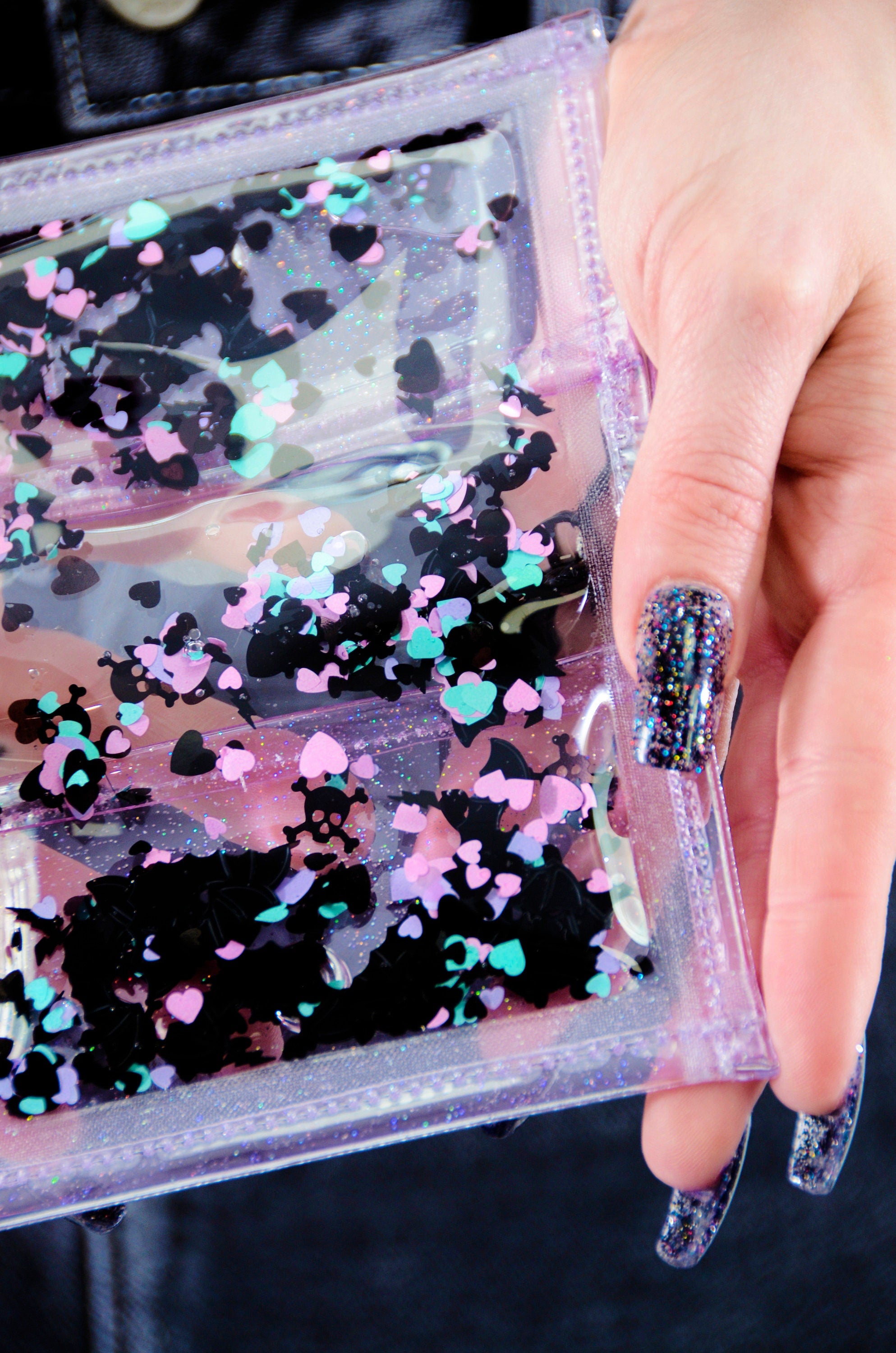 Liquid Glitter Tiny Wallet - Nocturnal Hearts - Clear - Electric Bubblegum