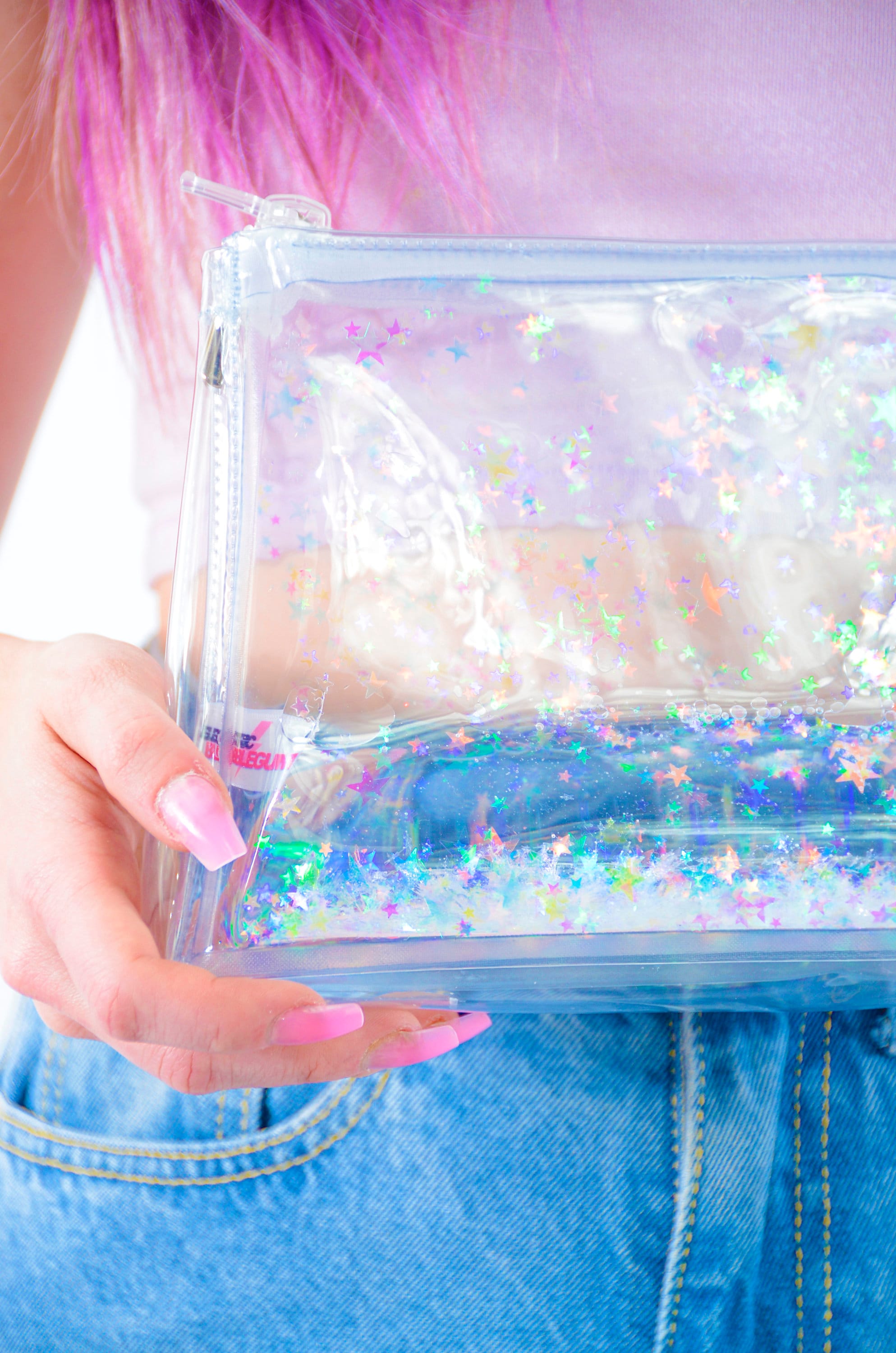 Liquid Glitter Make Up Bag - Transparent Rainbow - Electric Bubblegum