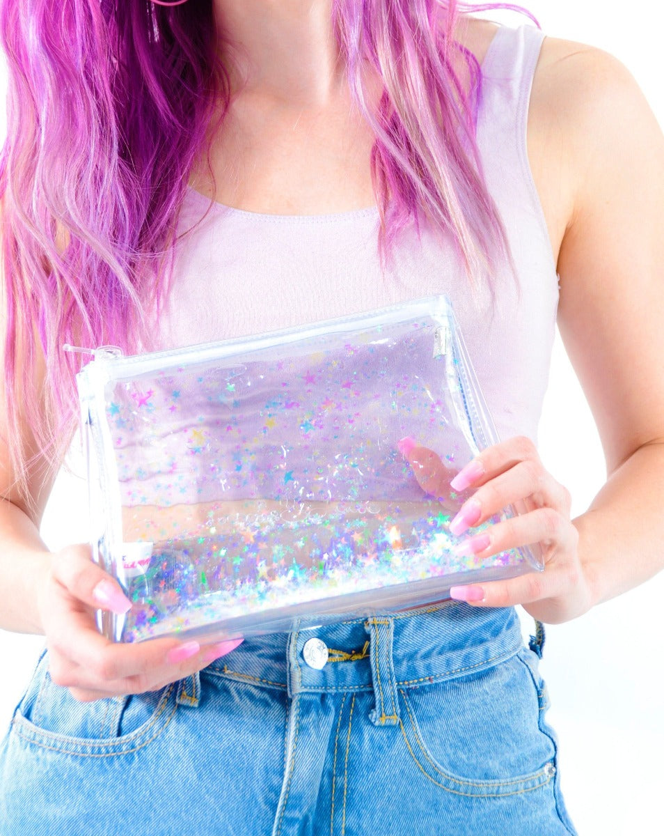 Liquid Glitter Make Up Bag - Transparent Rainbow - Electric Bubblegum