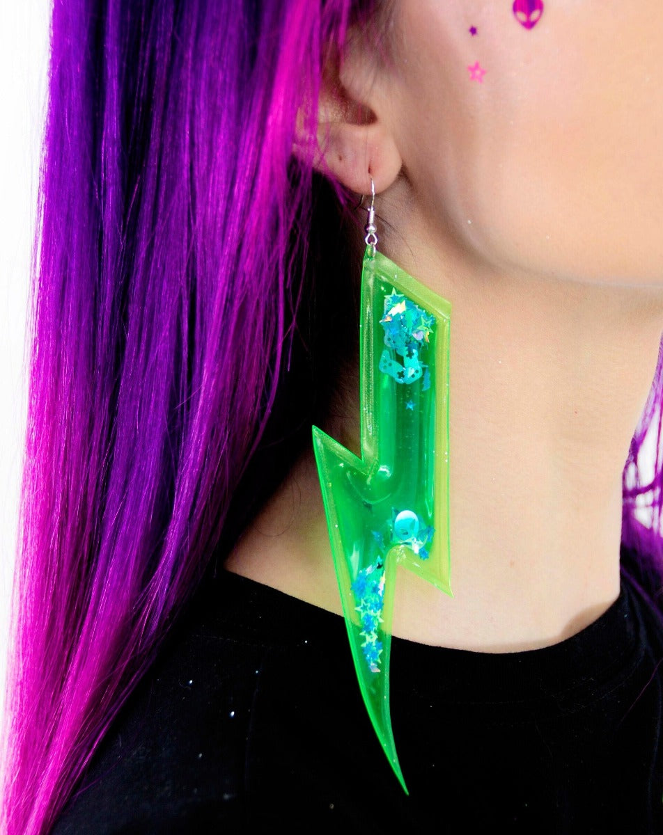 Liquid Glitter Lightning Bolt Earrings- Out of this World - Electric Bubblegum