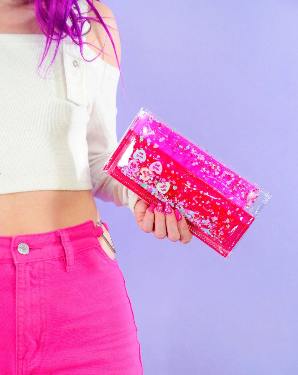 Liquid Glitter Large Wallet - Be My Valentine - Electric Bubblegum