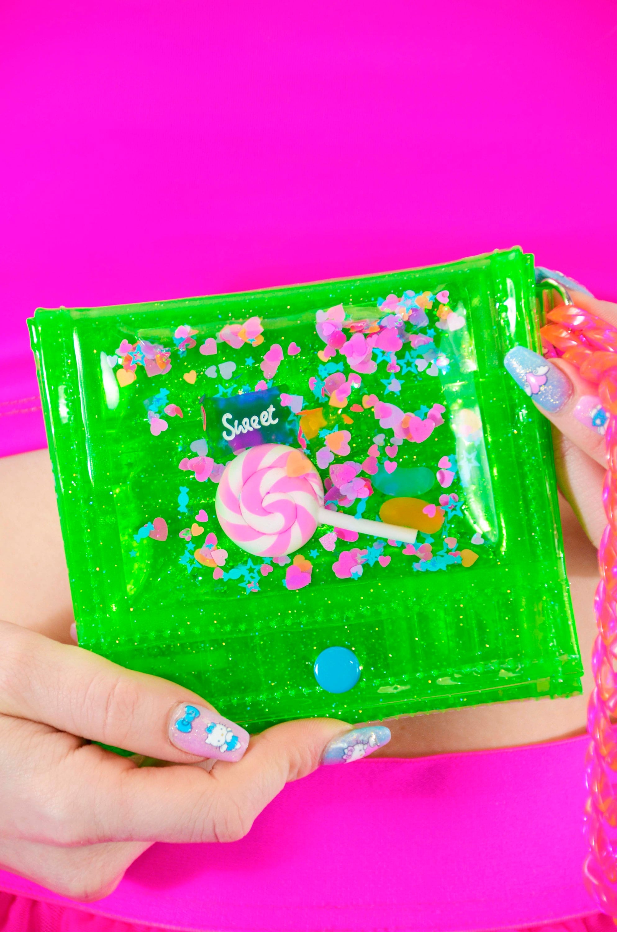 Mini Wristlet Wallet Liquid Glitter - I Want Candy - Electric Bubblegum